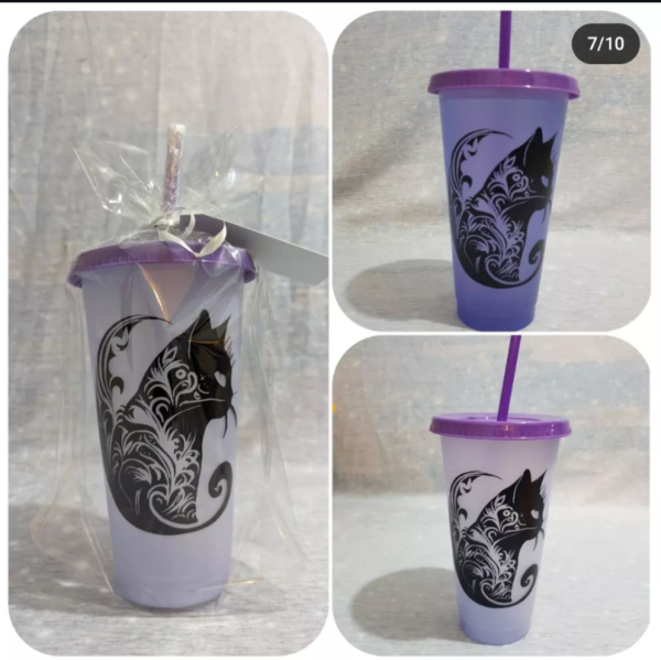 Customizable 24oz colour changing cup with floral cat design