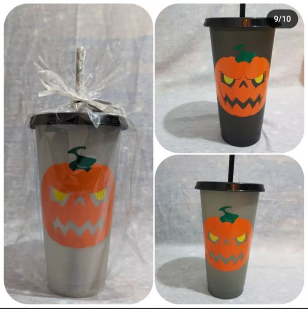 customizable 24oz colour changing cup with jack-o-lantern design