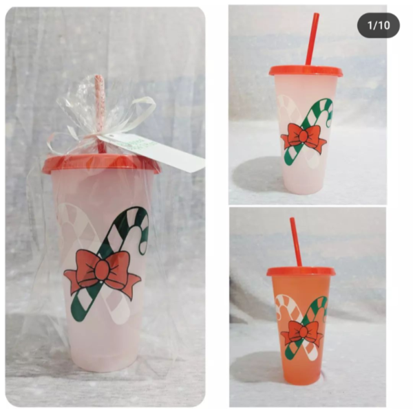 Customizable 24oz Color Changing Cup with white and green candy cane design