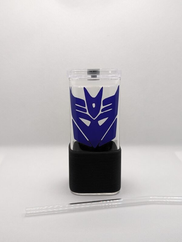 square glass cup with lid and glass straw transformers (Decepticons ) design