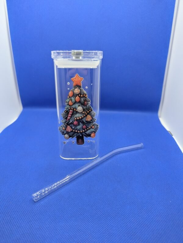 Stylish Glass Square Cup with Lids and Straw - Christmas tree